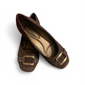 Trotters Brown Suede Ballet Flats with Gold Buckle Accent
